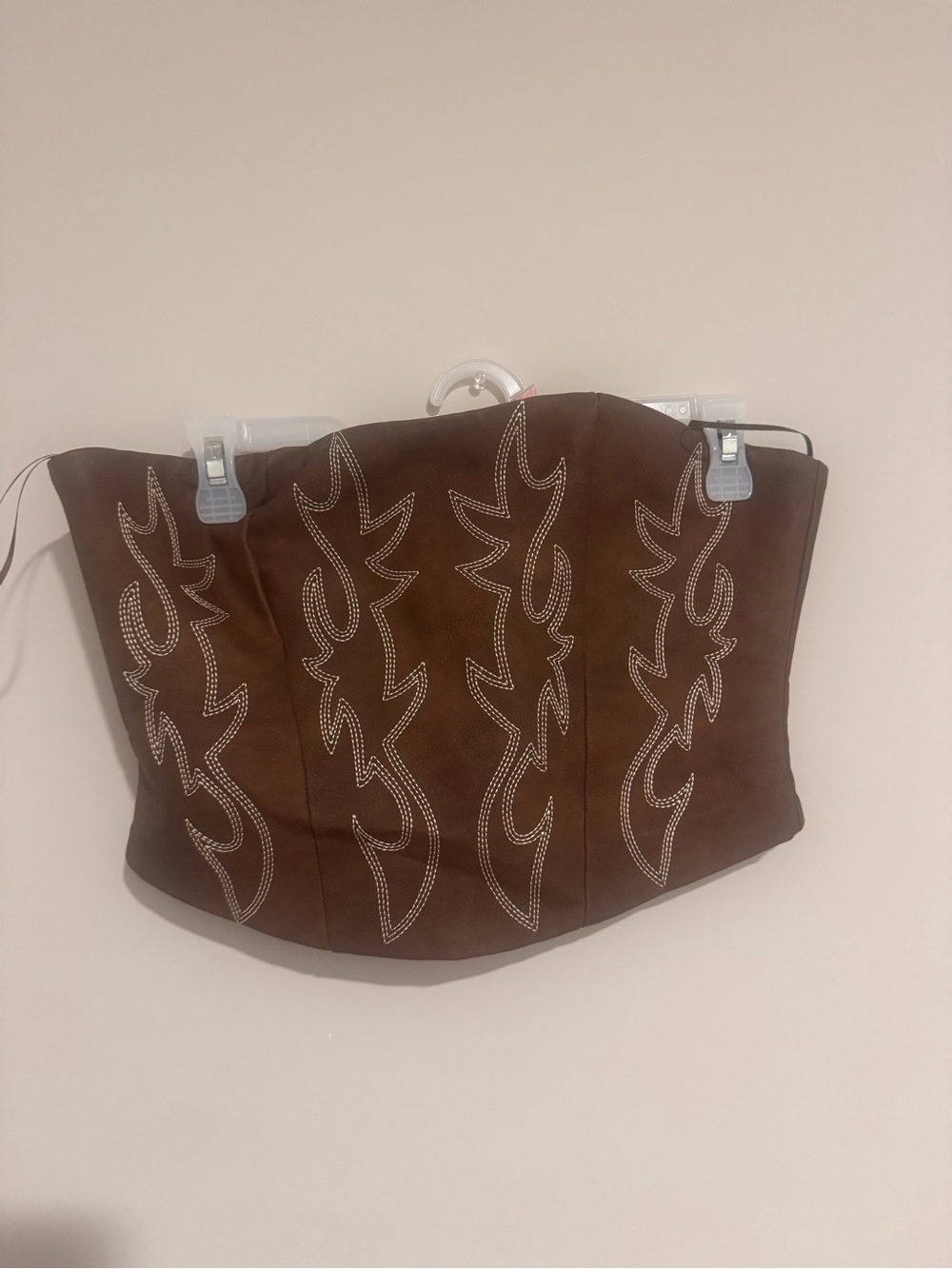 Decorative Brown Leather Wall Panel with Embroidered Cream Motif